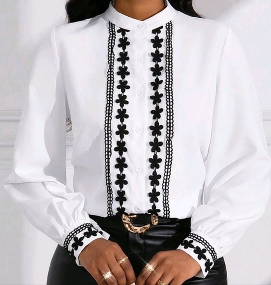 Women's Floral Embroidered Stand Collar Shirt,Long Sleeve Tops - Picture 3 of 4